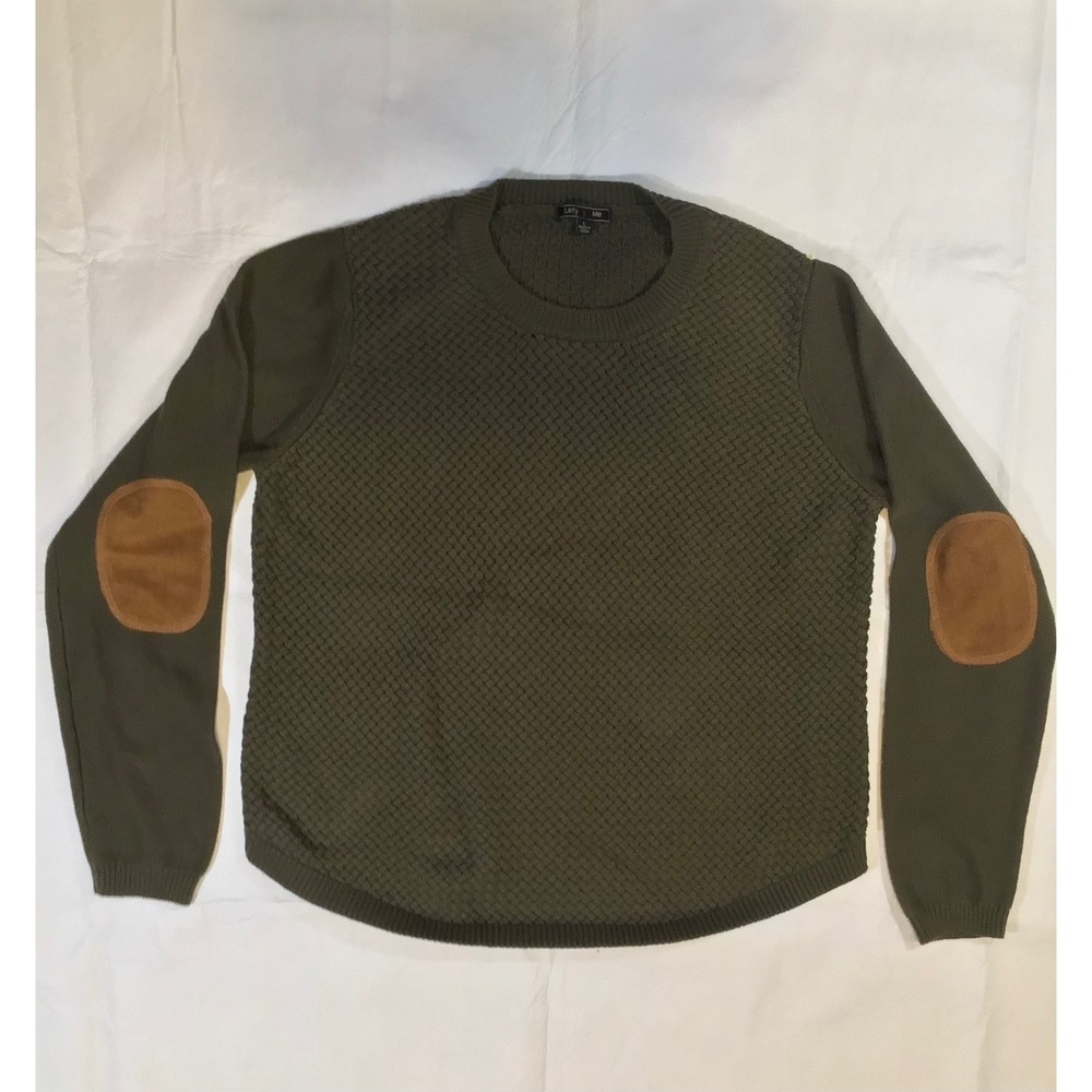 Lety & Me Olive Green Textured Knit Sweater Brown Elbow Patches Mens Large